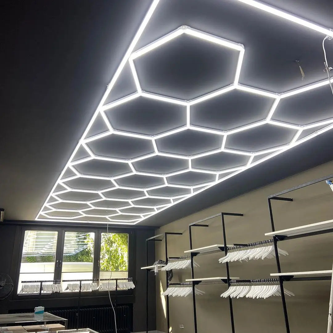 6500K 110-240V Hexagon Garage Light Cold White Hexagon LED Lighting Honeycomb Lamps for Car Wash Auto Repair Workshop